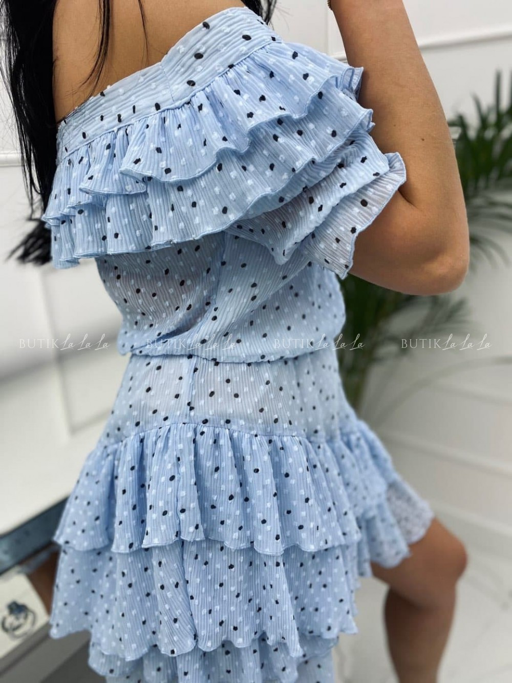 SUKIENKA LETNIA MINI NIEBIESKA W GROSZKI Z FALBANKAMI LORENS 2443
